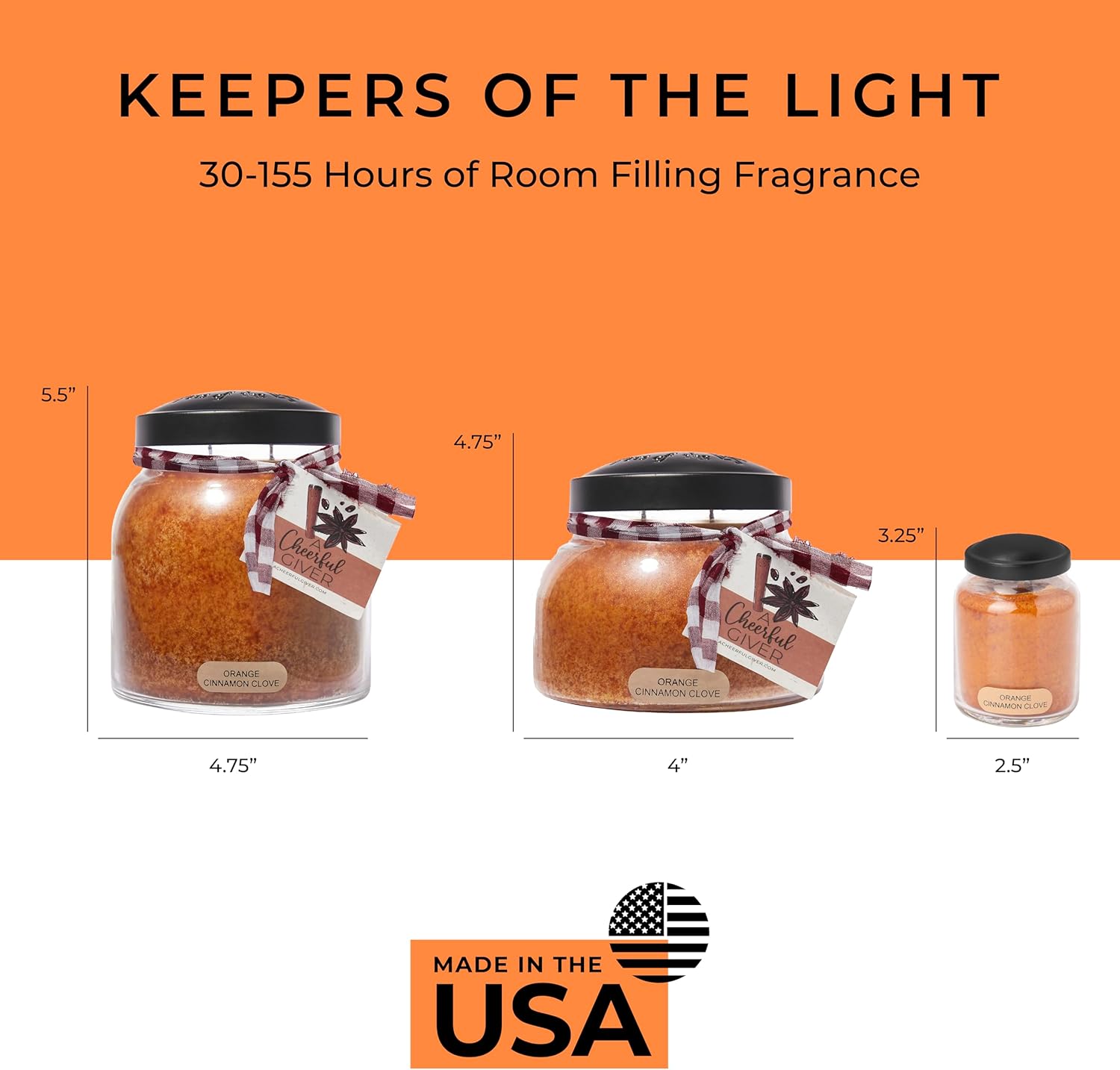 A Cheerful Giver — Orange Cinnamon Clove - 34oz Papa Scented Candle Jar with Lid - Keepers of the Light - 155 Hours of Burn Time, Gift for Women, Orange