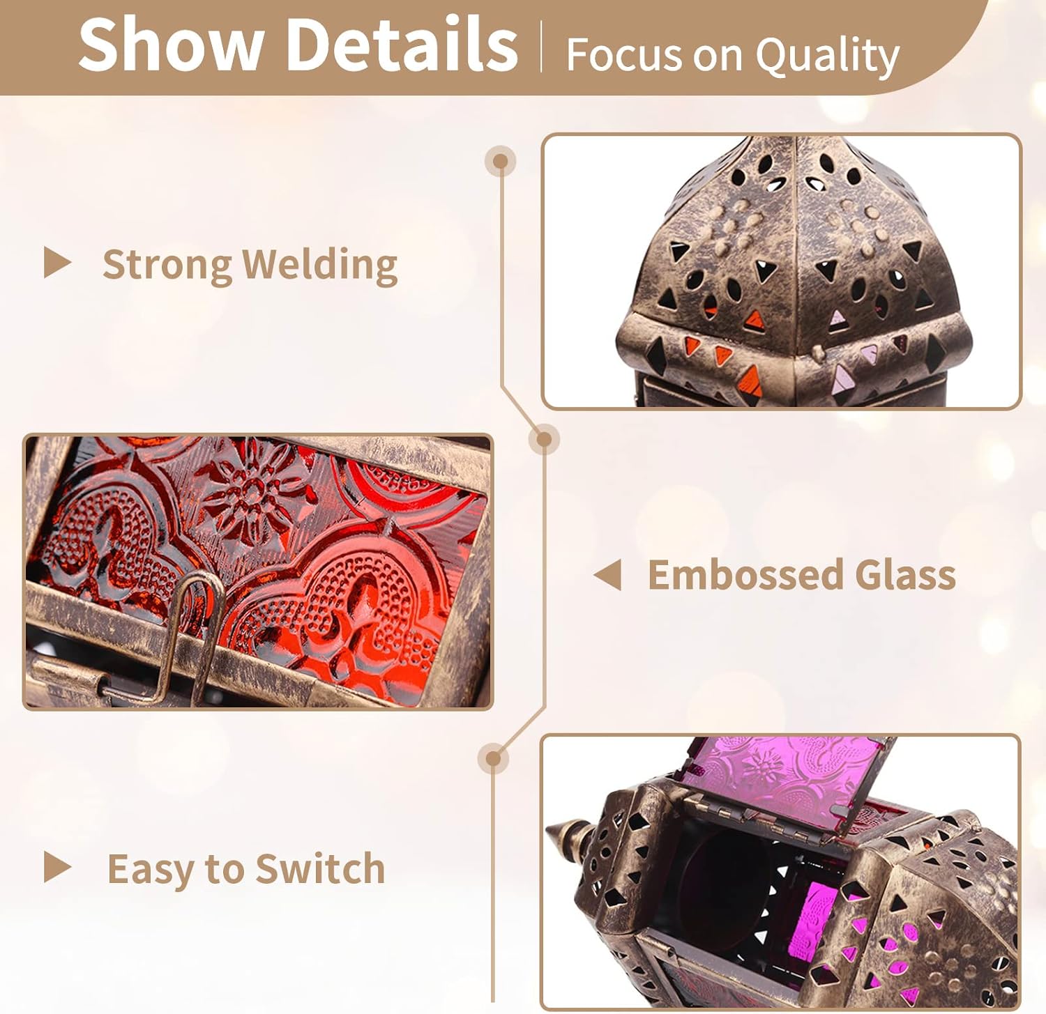 2 Pcs Hanging Hexagon Decorative Moroccan Candle Lantern Holders, Handmade Hanging Tea Light Holder in Bronze Metal & Red & Purple Glass Gift & Decor Items