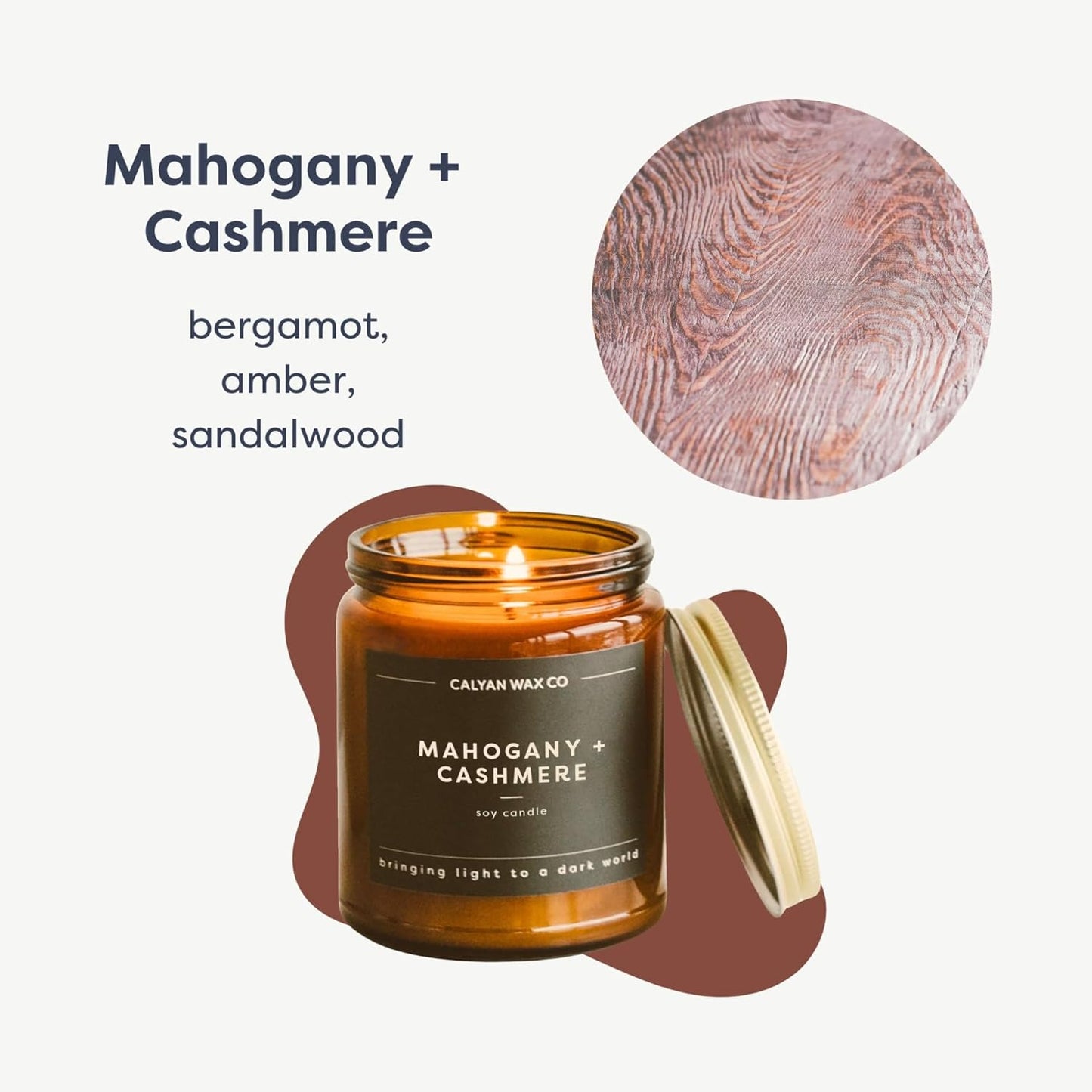 Calyan Wax Co. Mahogany & Cashmere Scented Candle - 57 Hour Burn - Luxury Non Toxic Soy Wax Candles - Long Lasting Amber Glass Jar Candle for Home - 7.2oz