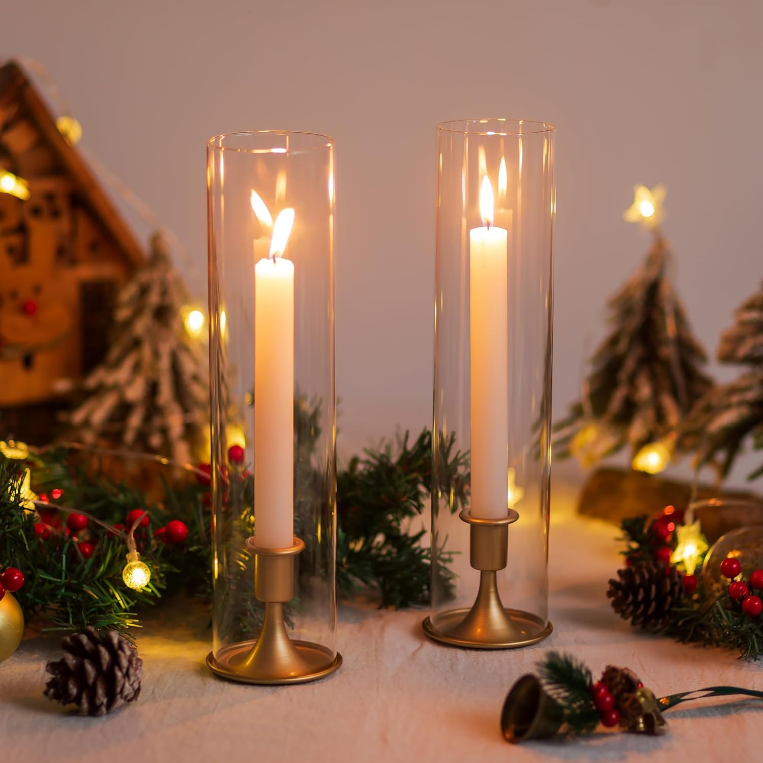 Romadedi Hurricane Candlestick Holders Gold - 10 Pcs Taper Candle Holders Bulk Tall Clear Glass Cylinder for Wedding Table Centerpieces Party Decor Birthday Christmas Home Decorations