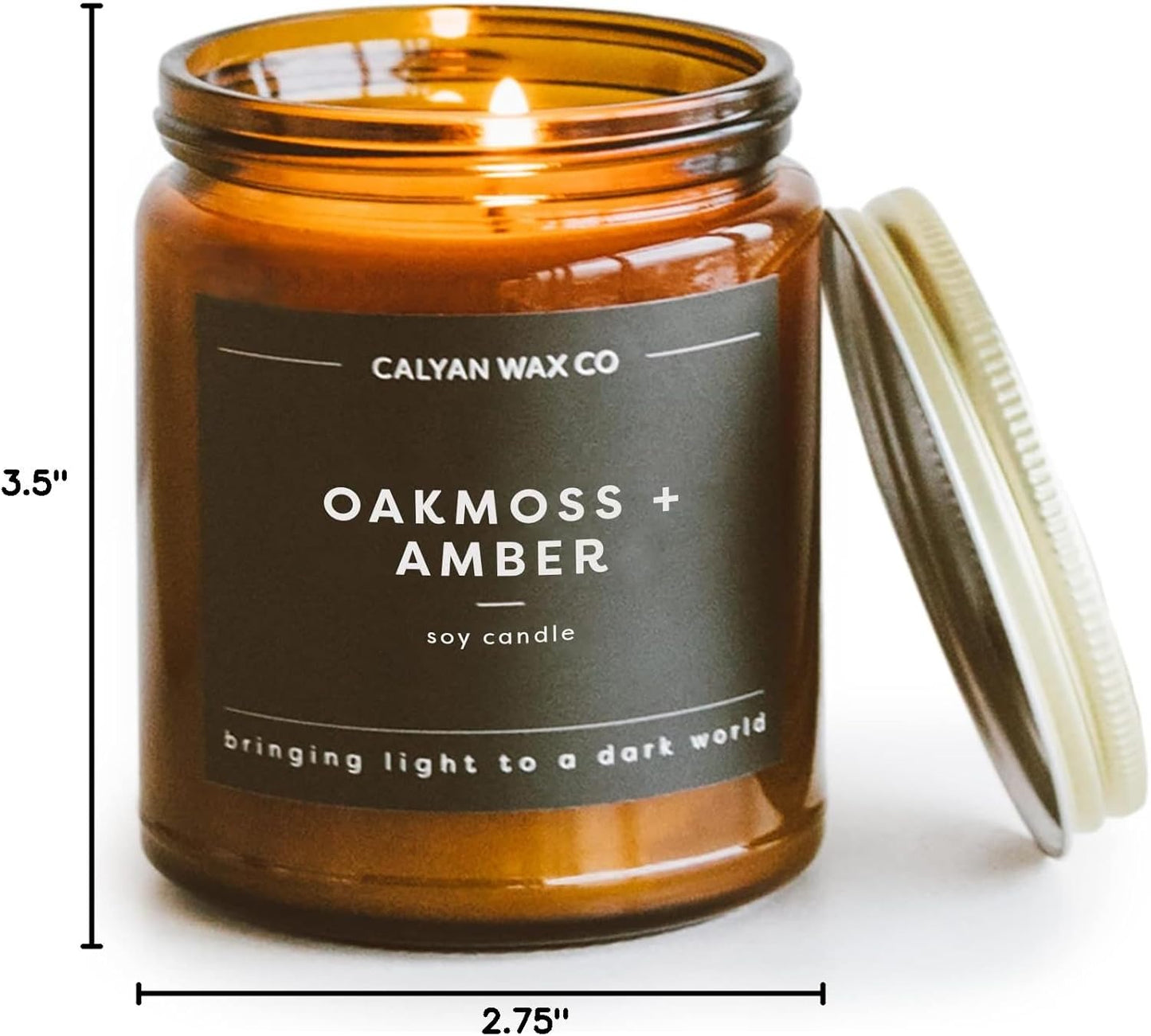 Calyan Wax Co. Oakmoss & Amber Scented Candle - 57 Hour Burn - Luxury Non Toxic Soy Wax Candles - Long Lasting Amber Glass Jar Candle for Home - 7.2oz