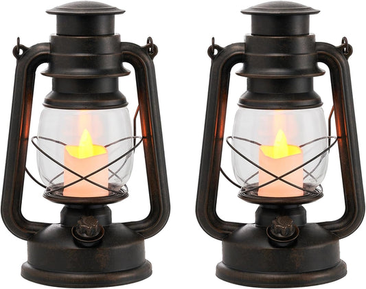 2-Pack Vintage LED Lanterns with Moving Flame Flickering- 9.5" Decorative Flameless Battery Operated Lamps with Timer for Outdoor Garden, Patio & Indoor Decor - Bronze