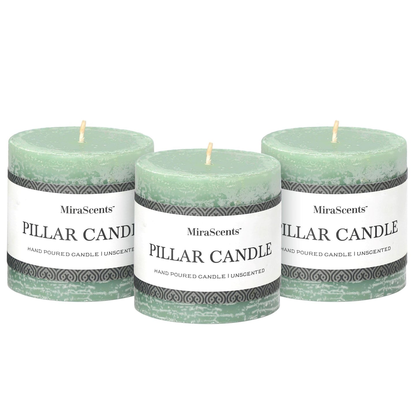 3x4 Inch Sage Green Pillar Candles - Set of 3, Unscented, Long Burning, Smokeless Dripless Candles for Spring Home Decor, Dinner Table, Bathroom, Rustic Decor