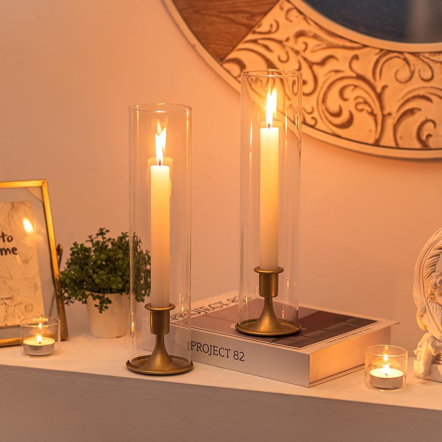 Romadedi Hurricane Candlestick Holders Gold - 10 Pcs Taper Candle Holders Bulk Tall Clear Glass Cylinder for Wedding Table Centerpieces Party Decor Birthday Christmas Home Decorations