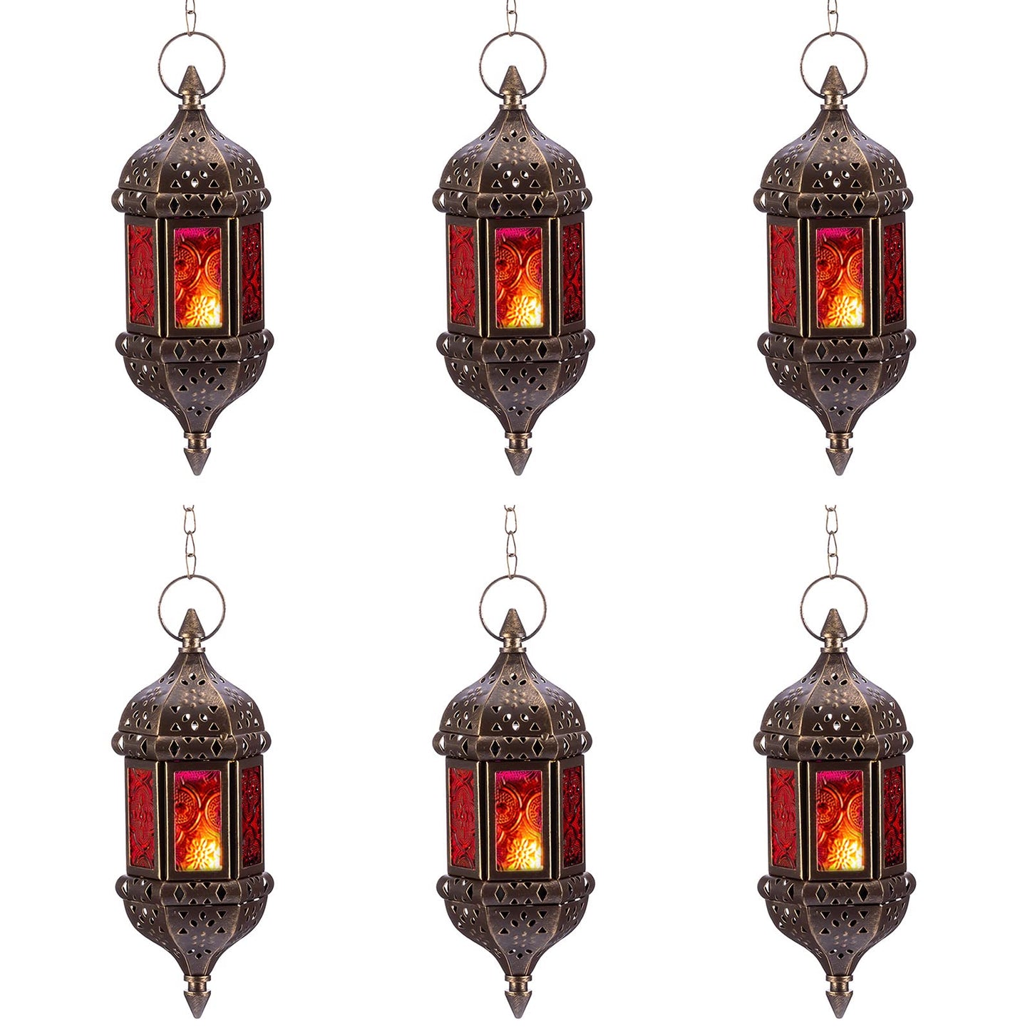2 Pcs Hanging Hexagon Decorative Moroccan Candle Lantern Holders, Handmade Hanging Tea Light Holder in Bronze Metal & Red & Purple Glass Gift & Decor Items