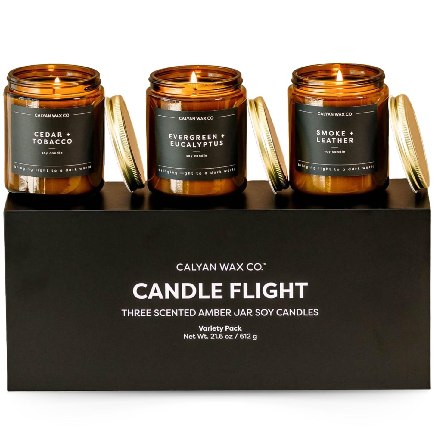 Calyan Wax Co. Evergreen & Eucalyptus Scented Candle - 57 Hour Burn - Luxury Non Toxic Soy Wax Candles - Long Lasting Amber Glass Jar Candle for Home - 7.2oz