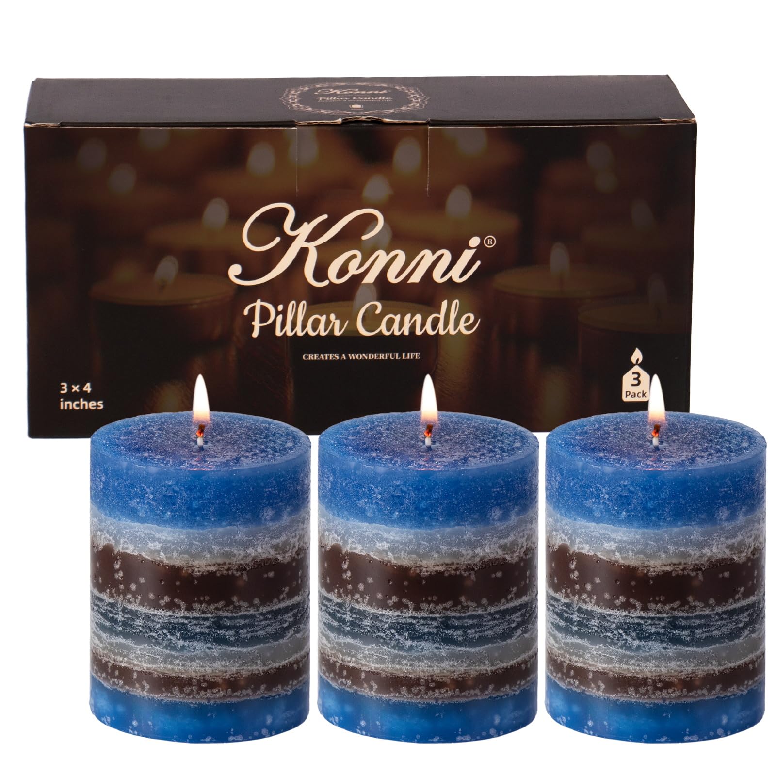 KONNI Coffee Layered Pillar Candles Set of 3, 3"x 4" Unscented Pillar Candles Bulk, 39 Hours Long Burning Candles, Smokeless&Dripless Round Candle for Wedding, Home Decoration, Parties, Spas, Dinner