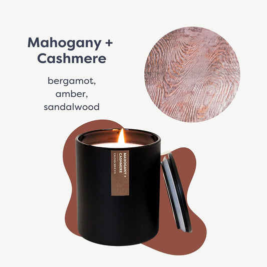 Calyan Wax Co. Mahogany & Cashmere Scented Candle - 75 Hour Burn - Luxury Non Toxic Soy Wax Candles - Long Lasting Black Tumbler Jar Candle for Home - 10.2oz