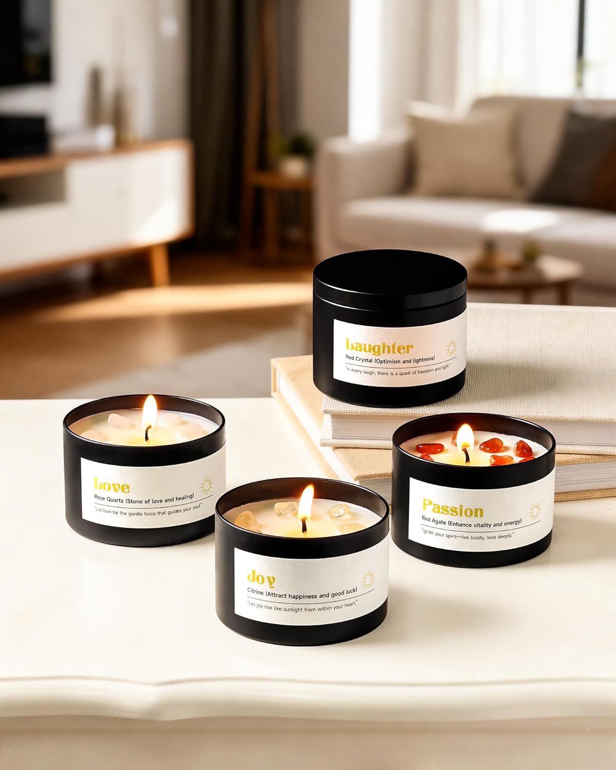 AOOVOO Crystal Love Candles Set for Women - 4 Pack 26 oz Soy Wax Candles for Home Scented, 200 Hour Long Lasting Candle, Laughter Red Crystal/Love Rose Quartz/Joy Citrine/Passion Red Quartz