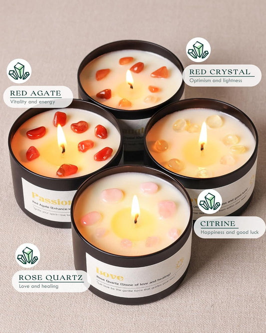 AOOVOO Crystal Love Candles Set for Women - 4 Pack 26 oz Soy Wax Candles for Home Scented, 200 Hour Long Lasting Candle, Laughter Red Crystal/Love Rose Quartz/Joy Citrine/Passion Red Quartz
