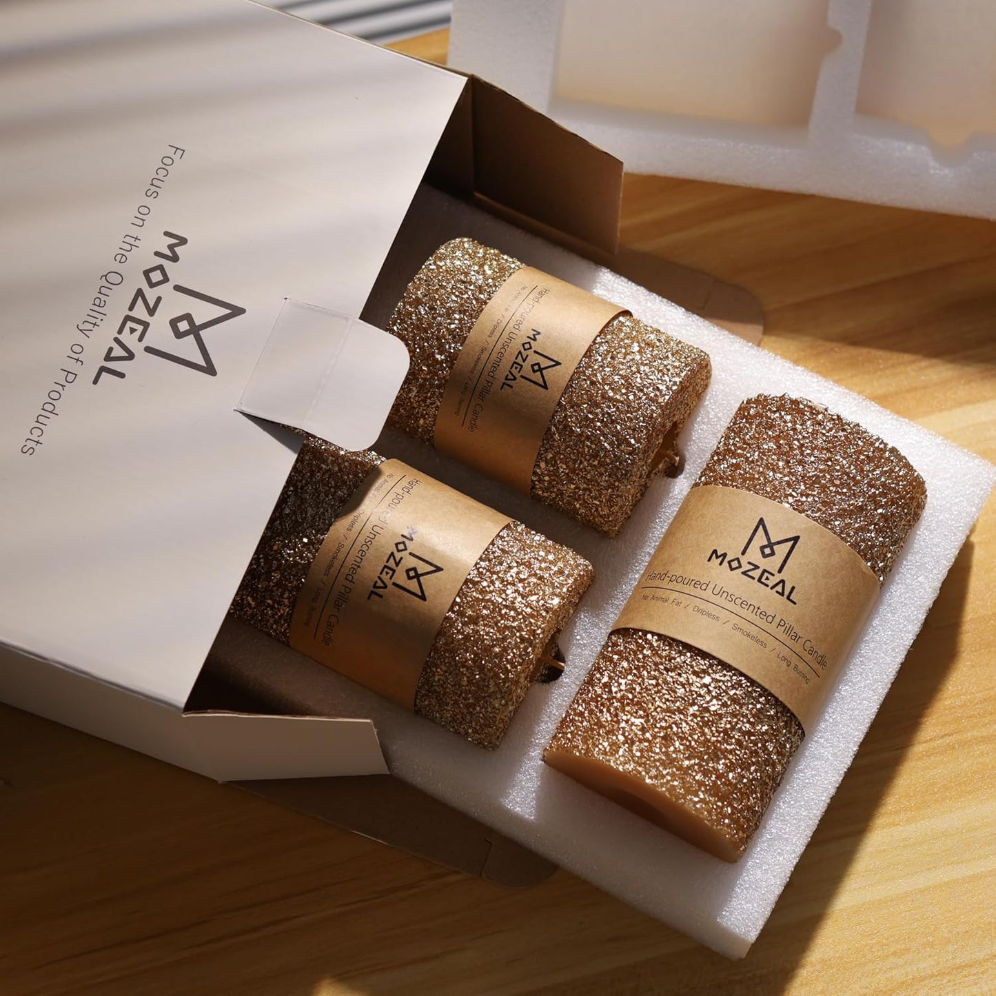 MOZEAL Hand-Poured Granular Texture Decorative Gold Pillar Candles Set of 3 (3"x4", 5", 6"), Approx 300 Hours Burn Time Dripless, Unscented, Smokeless, for Glamorous Events & Christmas Party Decor