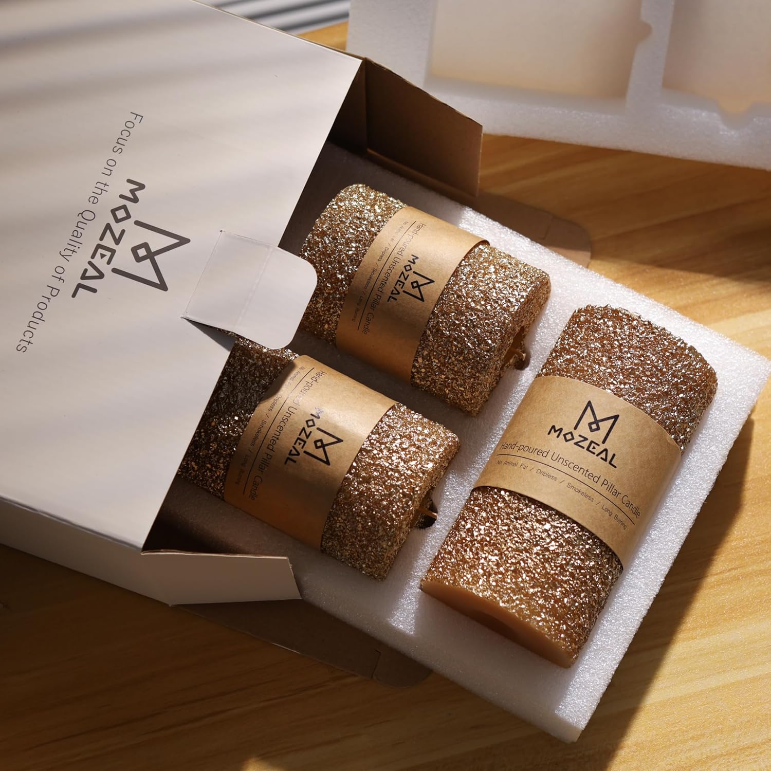 MOZEAL Hand-Poured Granular Texture Decorative Gold Pillar Candles Set of 3 (3"x4", 5", 6"), Approx 300 Hours Burn Time Dripless, Unscented, Smokeless, for Glamorous Events & Christmas Party Decor