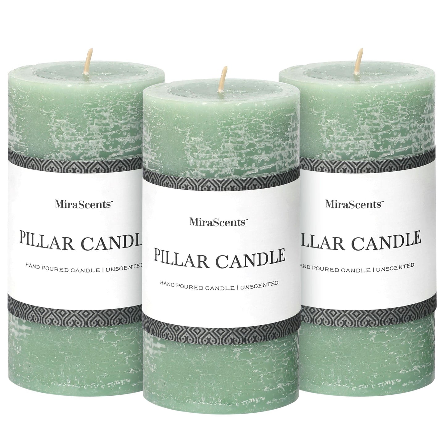 3x4 Inch Sage Green Pillar Candles - Set of 3, Unscented, Long Burning, Smokeless Dripless Candles for Spring Home Decor, Dinner Table, Bathroom, Rustic Decor