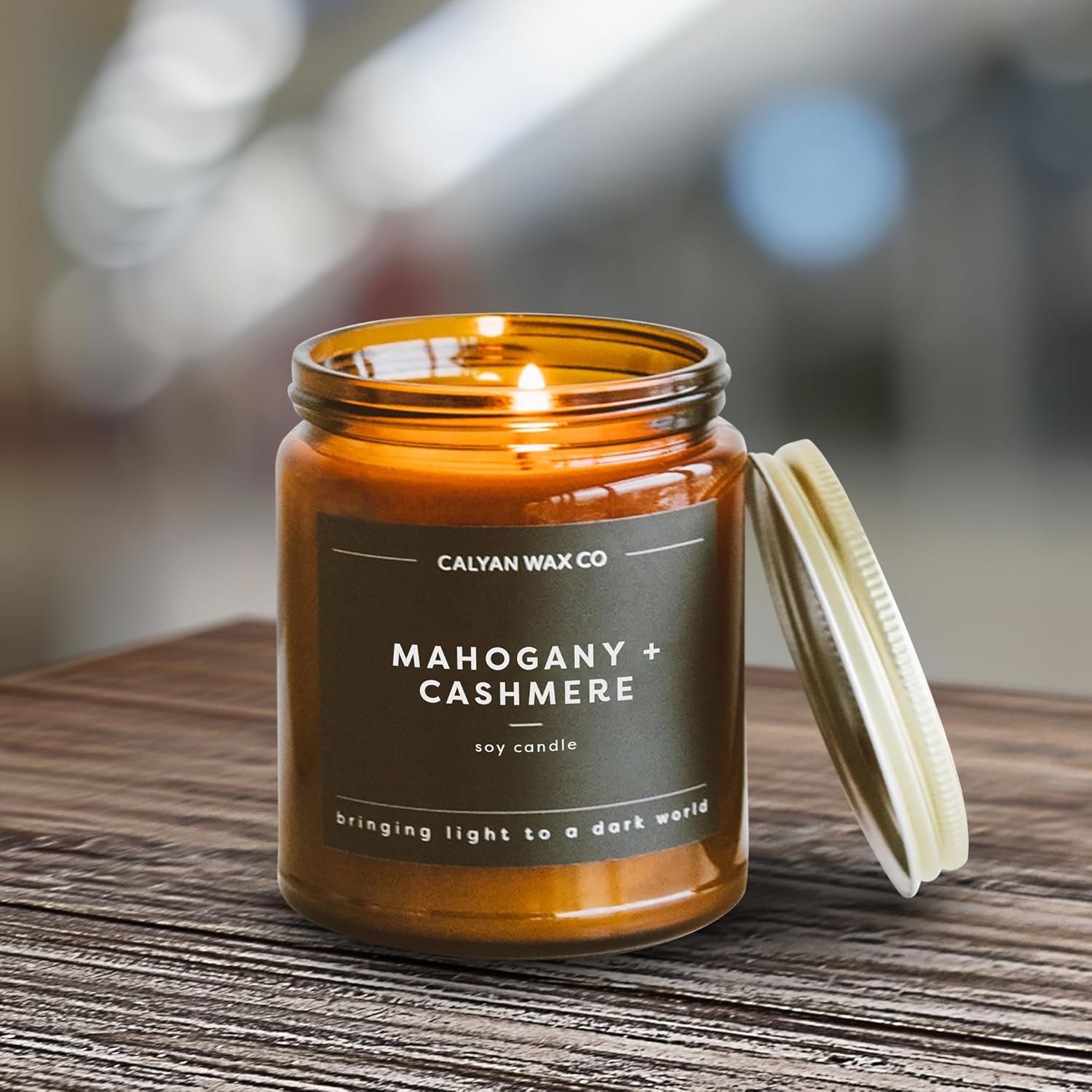 Calyan Wax Co. Mahogany & Cashmere Scented Candle - 57 Hour Burn - Luxury Non Toxic Soy Wax Candles - Long Lasting Amber Glass Jar Candle for Home - 7.2oz