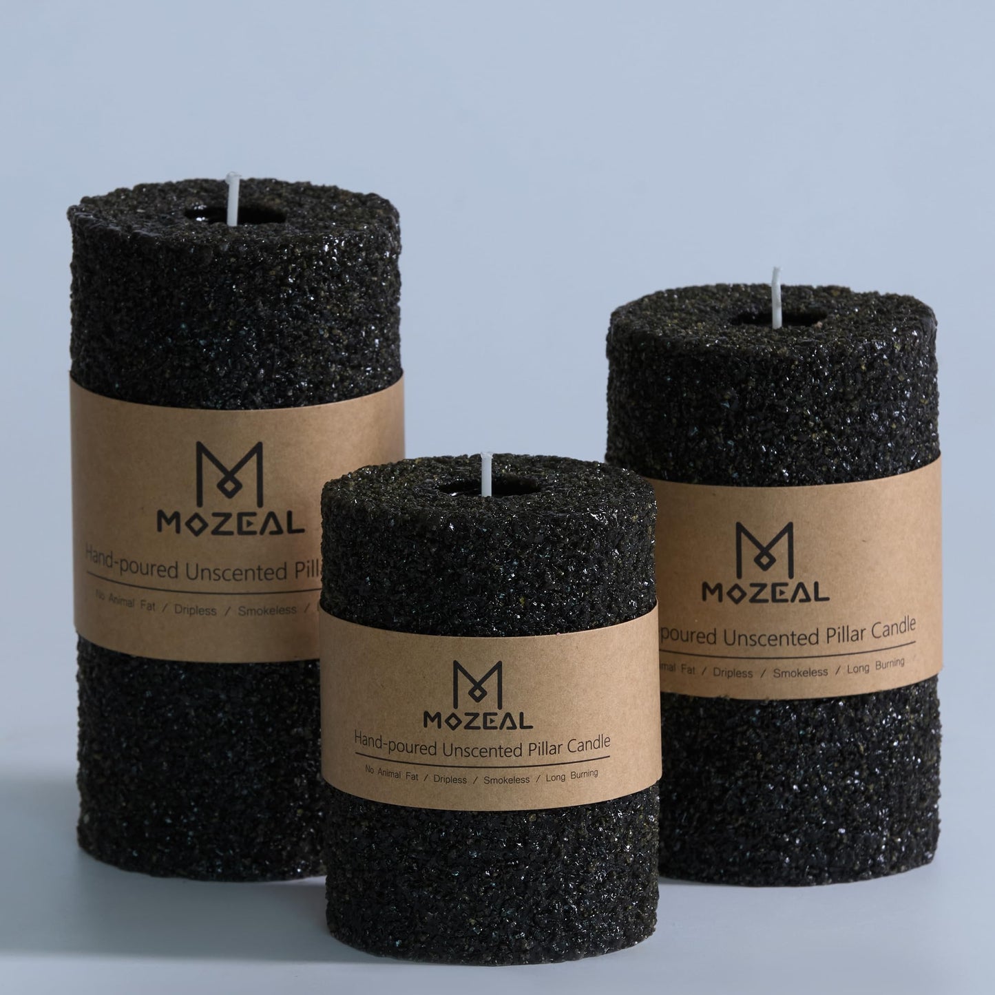 MOZEAL Hand-Poured Granular Texture Decorative Gold Pillar Candles Set of 3 (3"x4", 5", 6"), Approx 300 Hours Burn Time Dripless, Unscented, Smokeless, for Glamorous Events & Christmas Party Decor