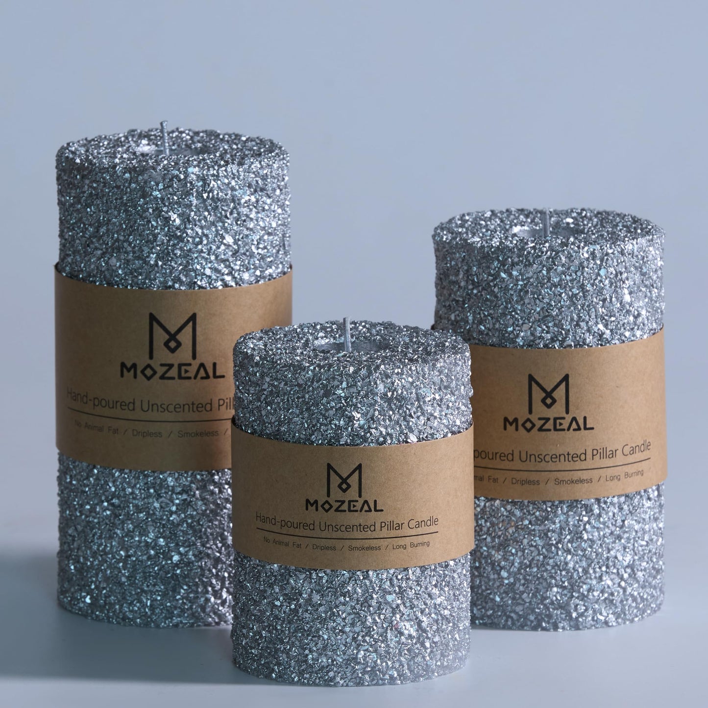 MOZEAL Hand-Poured Granular Texture Decorative Gold Pillar Candles Set of 3 (3"x4", 5", 6"), Approx 300 Hours Burn Time Dripless, Unscented, Smokeless, for Glamorous Events & Christmas Party Decor