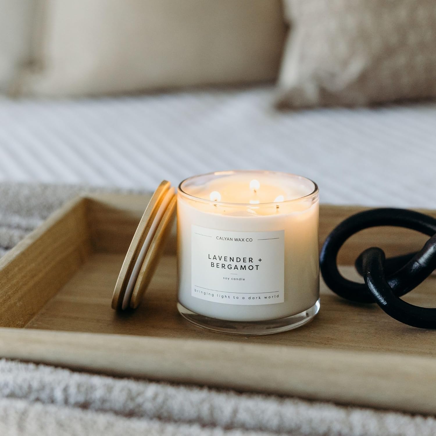 Calyan Wax Co. Lavender & Bergamot 3 Wick Scented Candle - 43 Hour Burn - Luxury 3 Wick Soy Candles - Non Toxic Soy Wax Candles - Long Lasting Large Glass Jar Candle for Home - 14.9oz