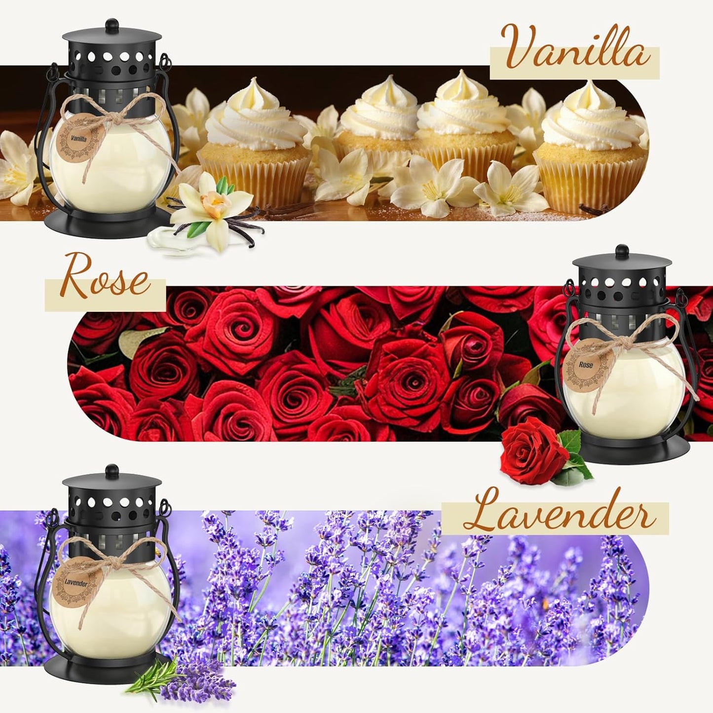 Scented Candles Gift Set - 3 Pack Candles for Home Scented Retro Lantern, Fall Candle Set Perfect for Women, Birthday, Yoga, Weddings, Christmas - Soy Wax Candle Vanilla, Rose, Lavender