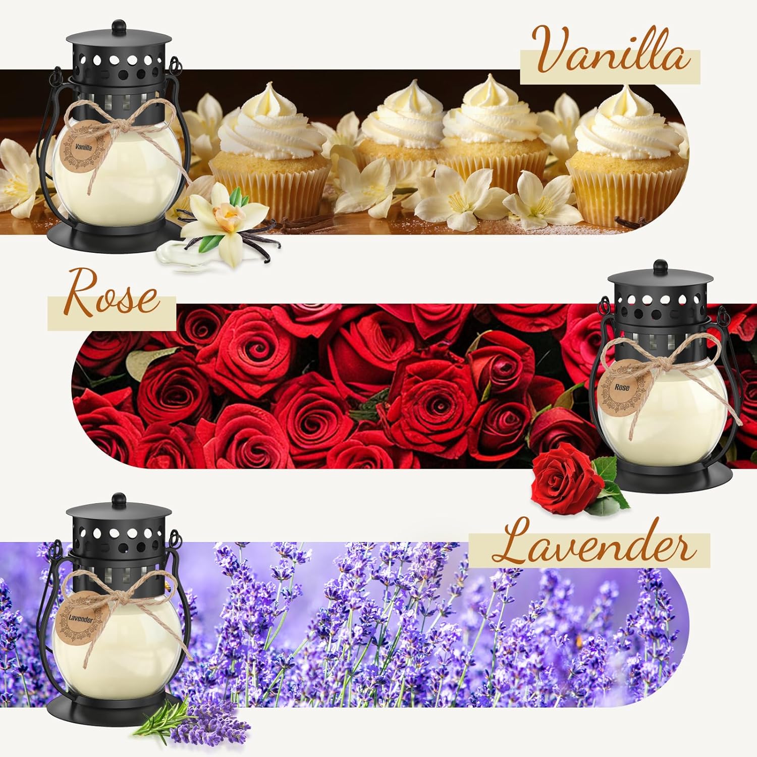 Scented Candles Gift Set - 3 Pack Candles for Home Scented Retro Lantern, Fall Candle Set Perfect for Women, Birthday, Yoga, Weddings, Christmas - Soy Wax Candle Vanilla, Rose, Lavender