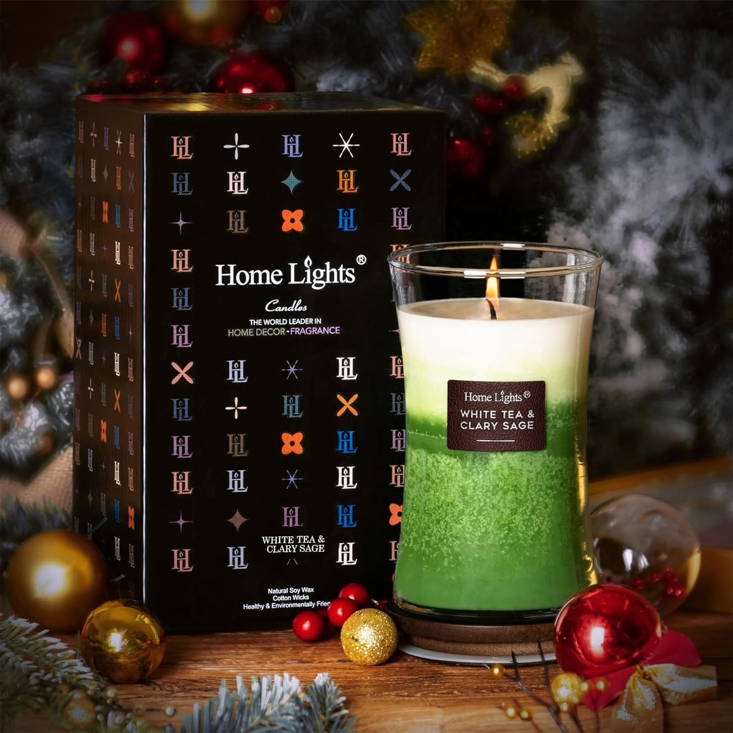HomeLights 3-Layer Candles for Home Scented, 21.52 OZ Natural Soy Wax Scented Candles Burns Up to 100 Hours, Large Jar, White Tea & Clary Sage