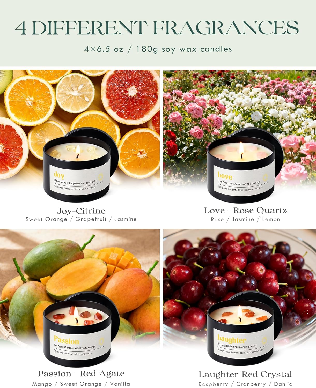 AOOVOO Crystal Love Candles Set for Women - 4 Pack 26 oz Soy Wax Candles for Home Scented, 200 Hour Long Lasting Candle, Laughter Red Crystal/Love Rose Quartz/Joy Citrine/Passion Red Quartz