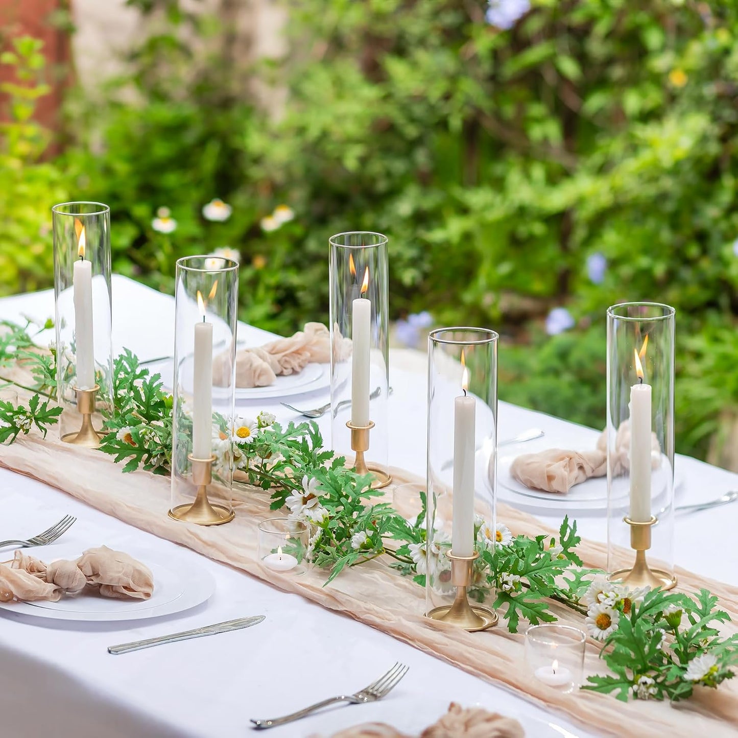 Romadedi Hurricane Candlestick Holders Gold - 10 Pcs Taper Candle Holders Bulk Tall Clear Glass Cylinder for Wedding Table Centerpieces Party Decor Birthday Christmas Home Decorations