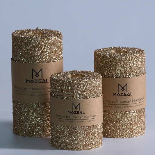 MOZEAL Hand-Poured Granular Texture Decorative Gold Pillar Candles Set of 3 (3"x4", 5", 6"), Approx 300 Hours Burn Time Dripless, Unscented, Smokeless, for Glamorous Events & Christmas Party Decor