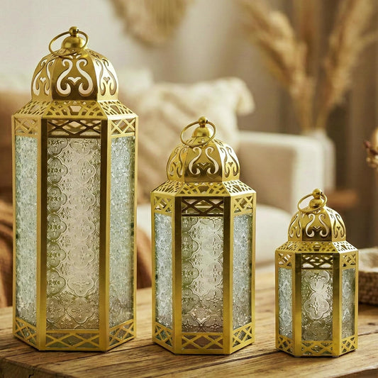 VELA Lanterns Moroccan Candle Lanterns Decorative Set of 3 for Floor, Ramadan Decorations, Indoor Home Decor, Outdoor Patio or Porch, Weddings, Gold