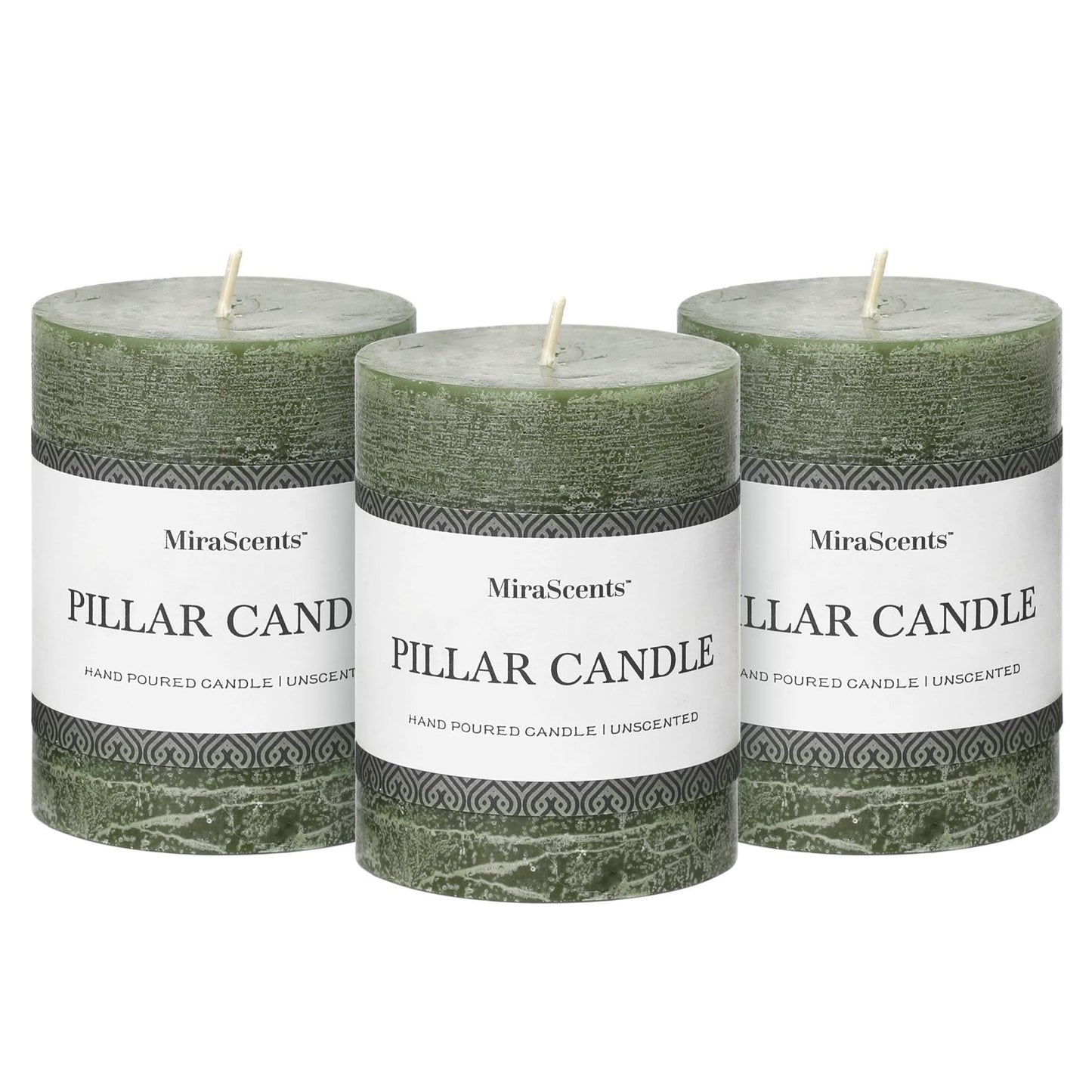 3x4 Inch Sage Green Pillar Candles - Set of 3, Unscented, Long Burning, Smokeless Dripless Candles for Spring Home Decor, Dinner Table, Bathroom, Rustic Decor