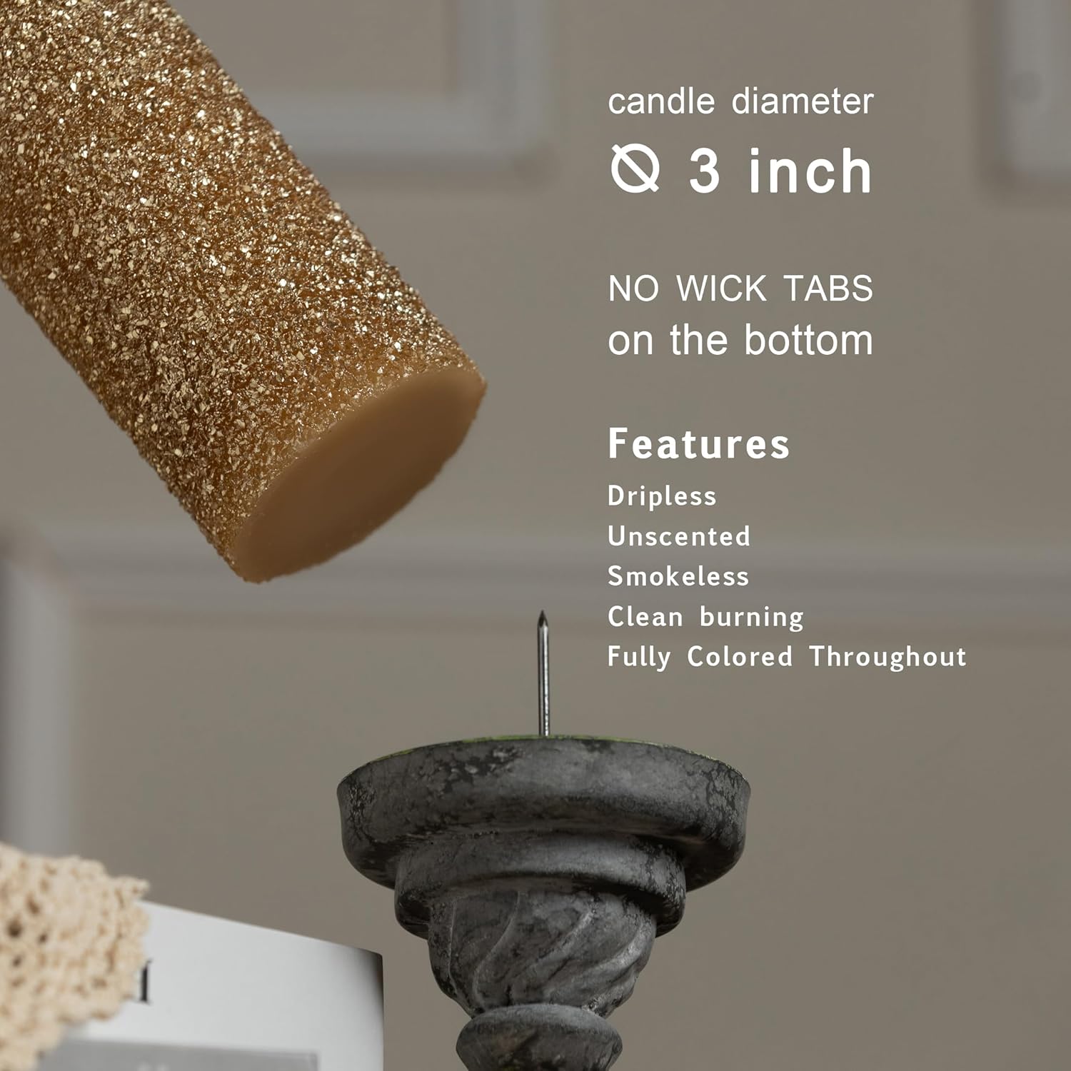 MOZEAL Hand-Poured Granular Texture Decorative Gold Pillar Candles Set of 3 (3"x4", 5", 6"), Approx 300 Hours Burn Time Dripless, Unscented, Smokeless, for Glamorous Events & Christmas Party Decor