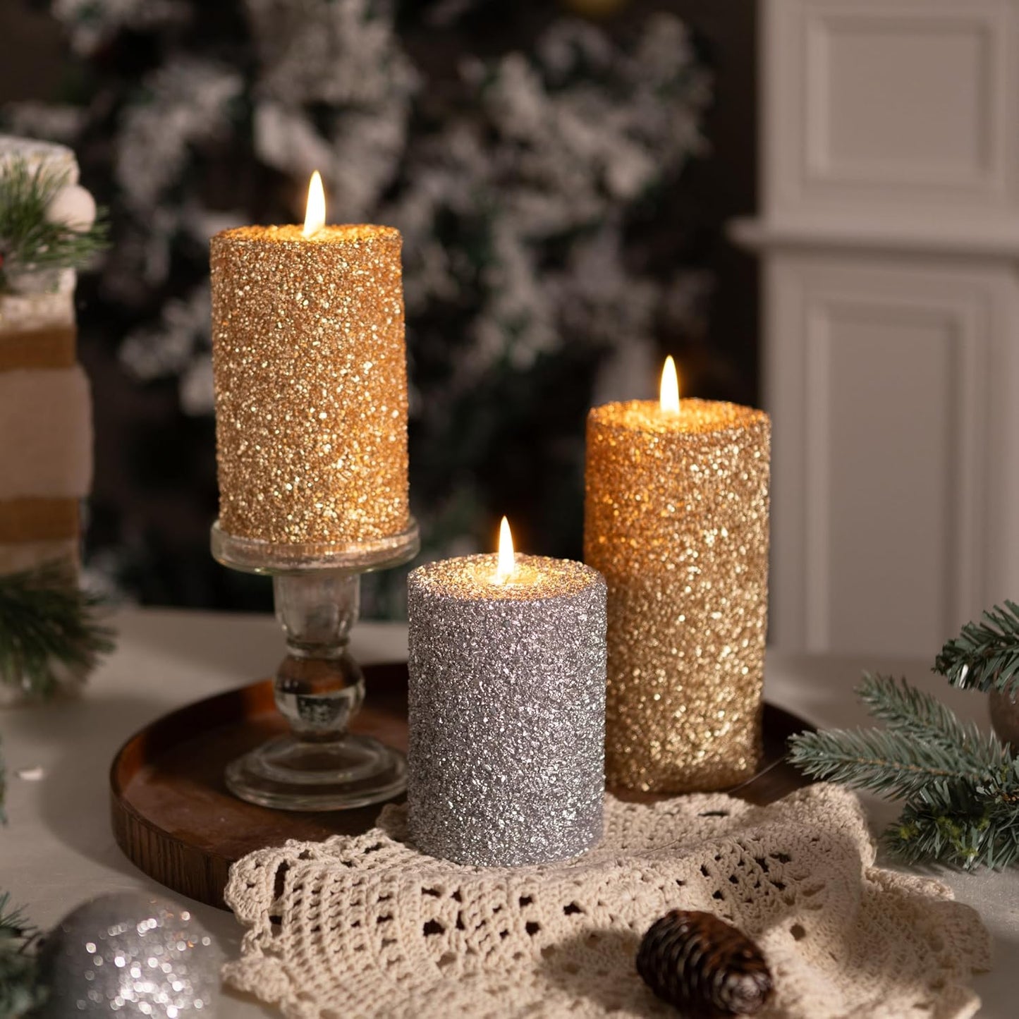 MOZEAL Hand-Poured Granular Texture Decorative Gold Pillar Candles Set of 3 (3"x4", 5", 6"), Approx 300 Hours Burn Time Dripless, Unscented, Smokeless, for Glamorous Events & Christmas Party Decor